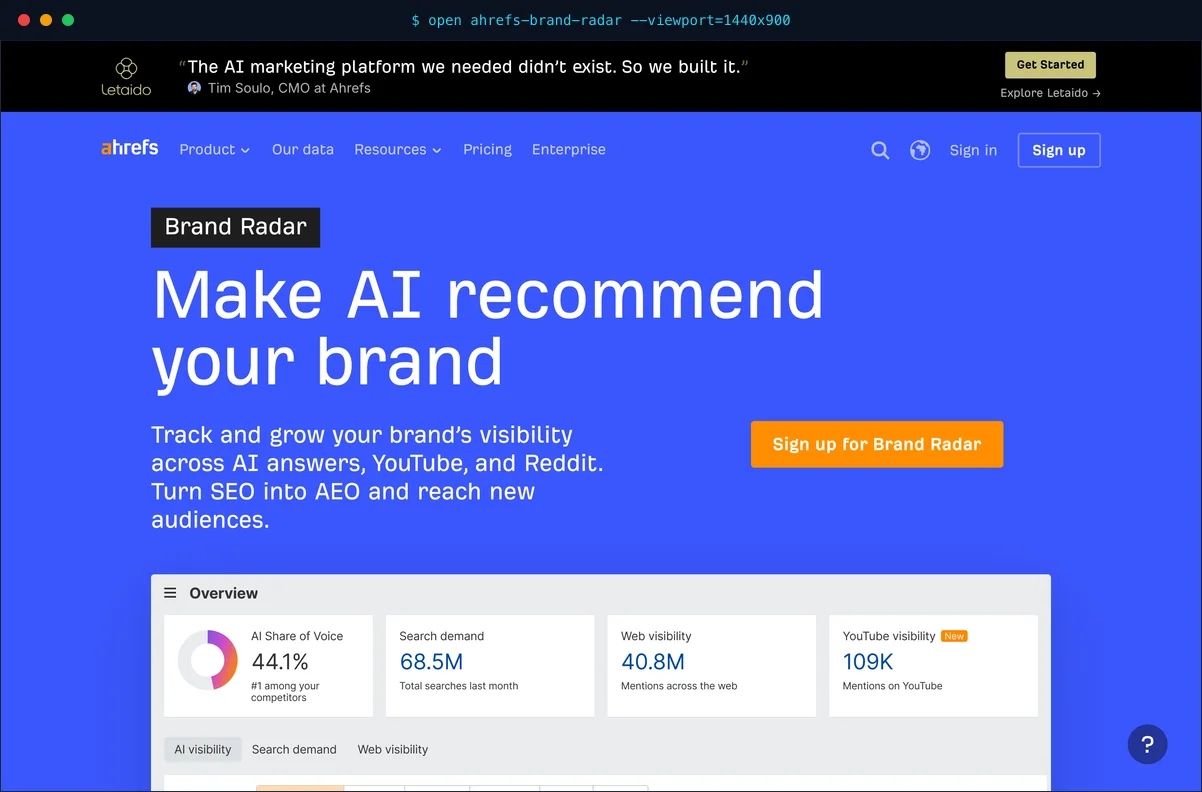 The Ahrefs Brand Radar homepage promoting its AI visibility index built on hundreds of millions of search-backed prompts