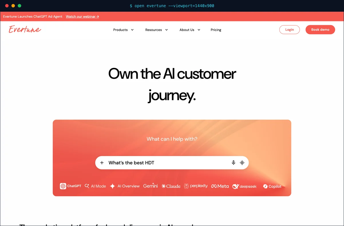 The Evertune homepage pitching AI brand intelligence and generative engine optimization to enterprise marketing leaders