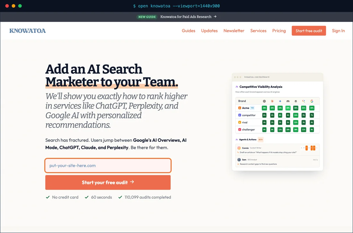 Knowatoa homepage presenting its AI search visibility tracking platform and BISCUIT diagnostic framework