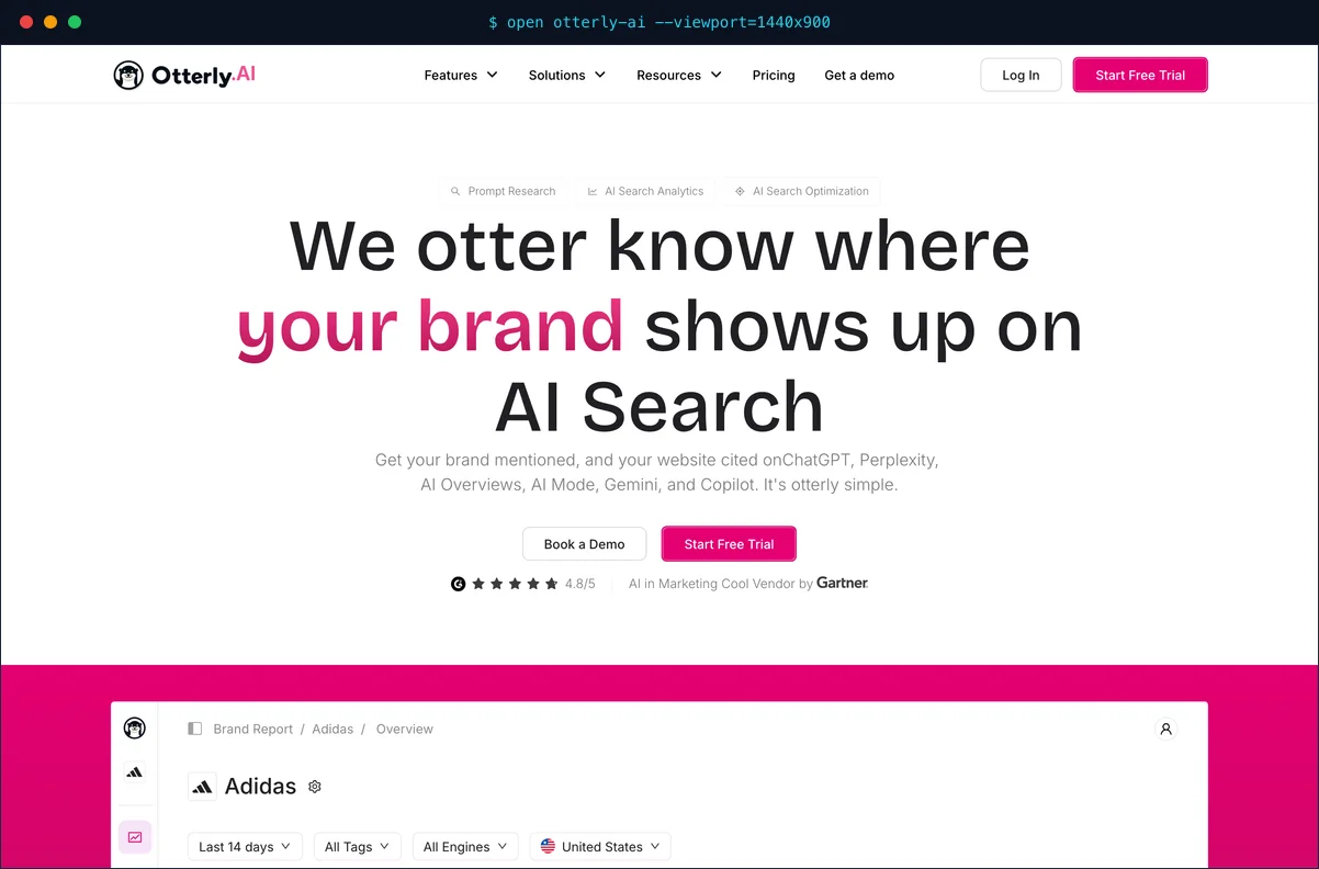 The Otterly.AI homepage promoting AI search monitoring and prompt-level brand tracking across ChatGPT, Perplexity, and Google AI surfaces