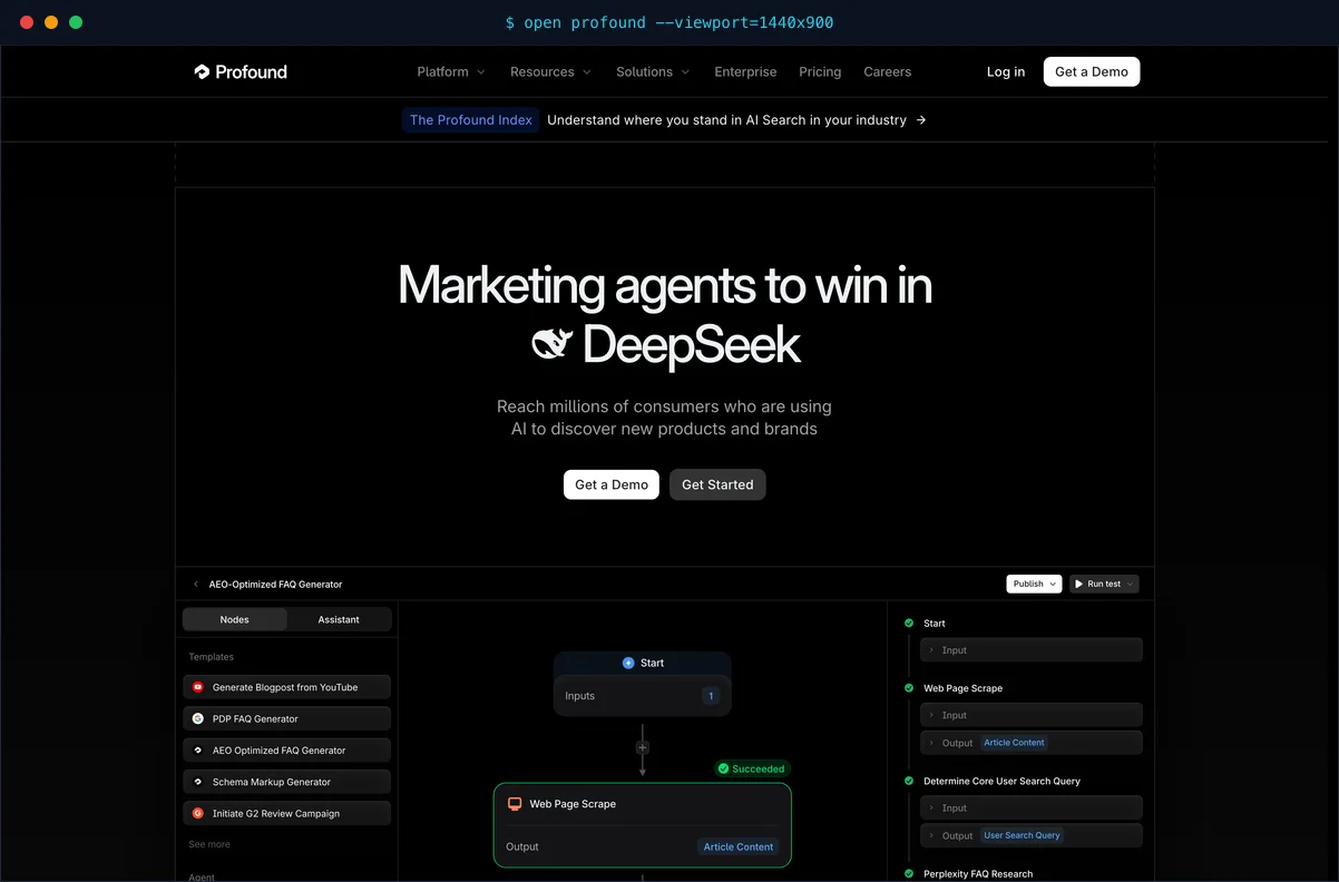 The Profound homepage presenting its enterprise AI search visibility platform and answer engine analytics