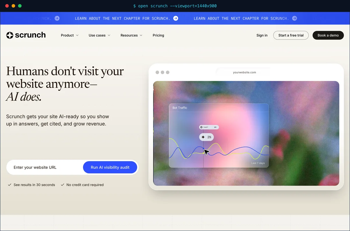 The Scrunch AI homepage presenting its AI search visibility platform and Agent Experience Platform for serving optimized content to LLM crawlers