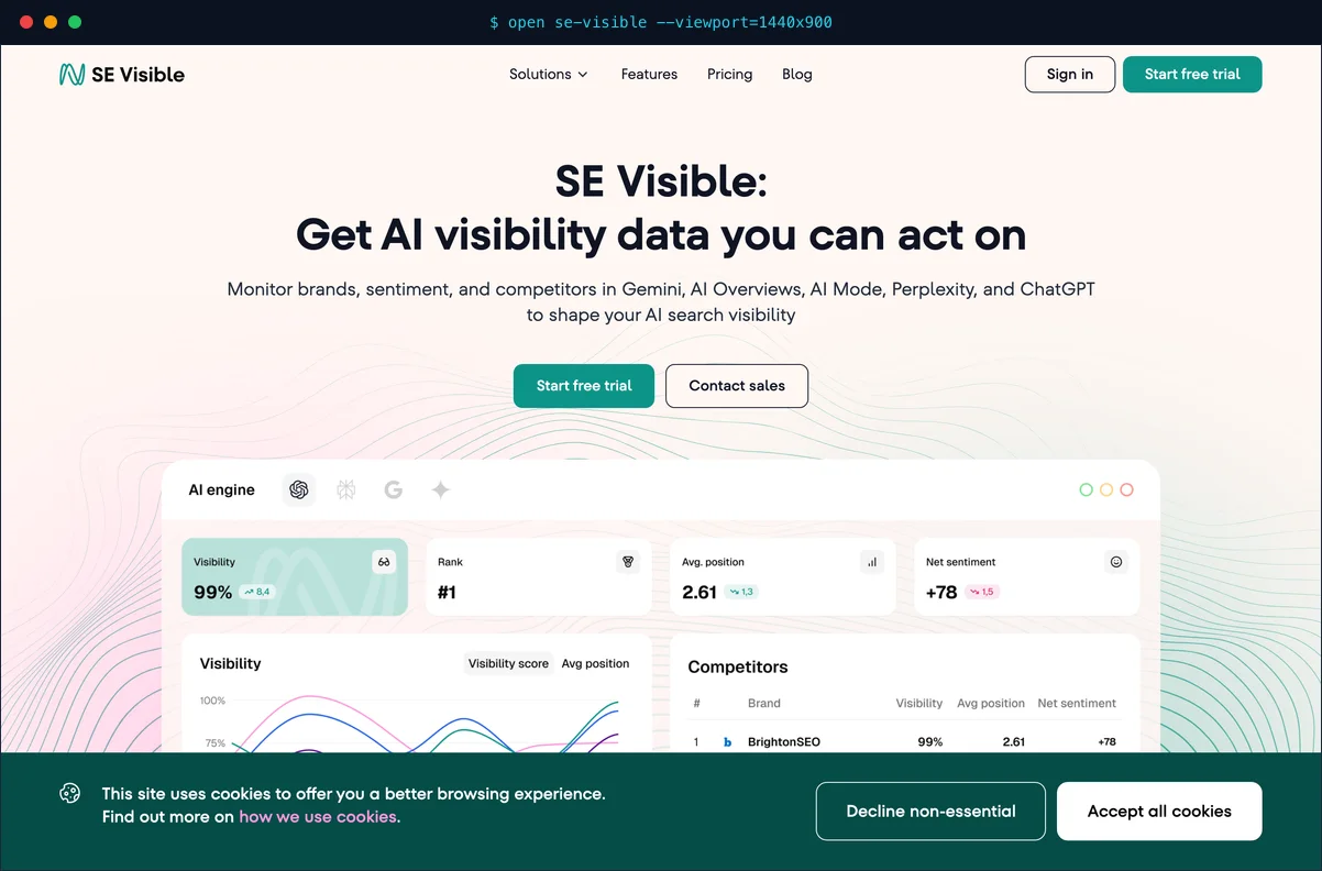 The SE Visible homepage showing the standalone AI visibility dashboard for brand monitoring from the SE Ranking team