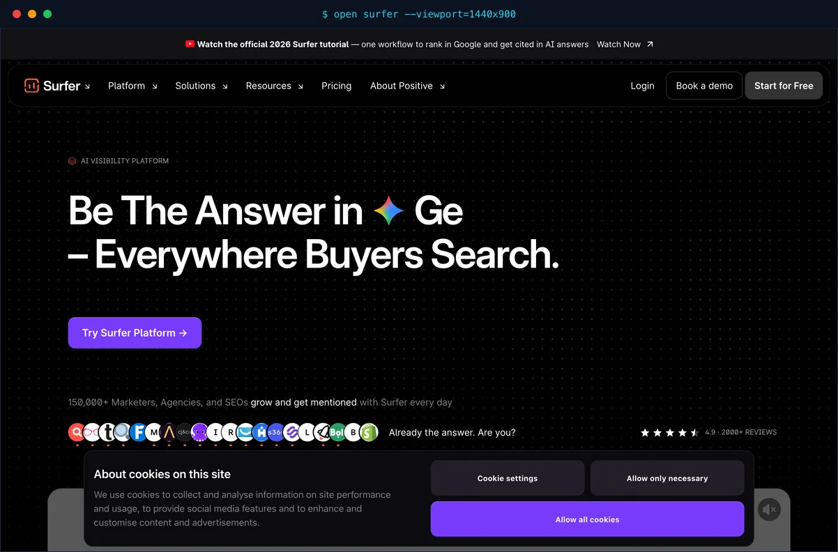 Surfer interface combining content optimization with AI visibility metrics