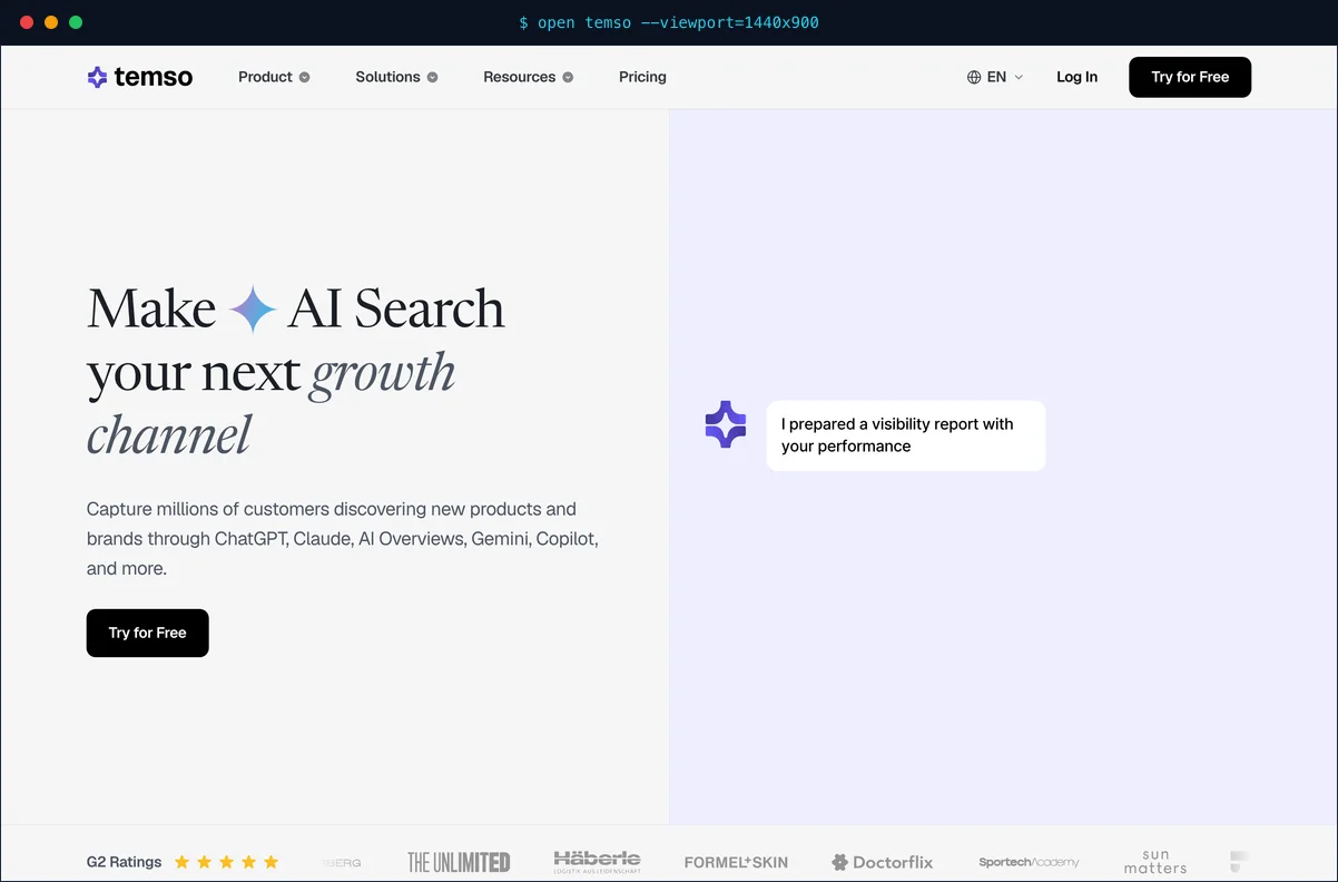 Temso AI homepage showing the all-in-one AI SEO platform with visibility tracking across ChatGPT, Perplexity, Google AI Overviews, Gemini, and Copilot